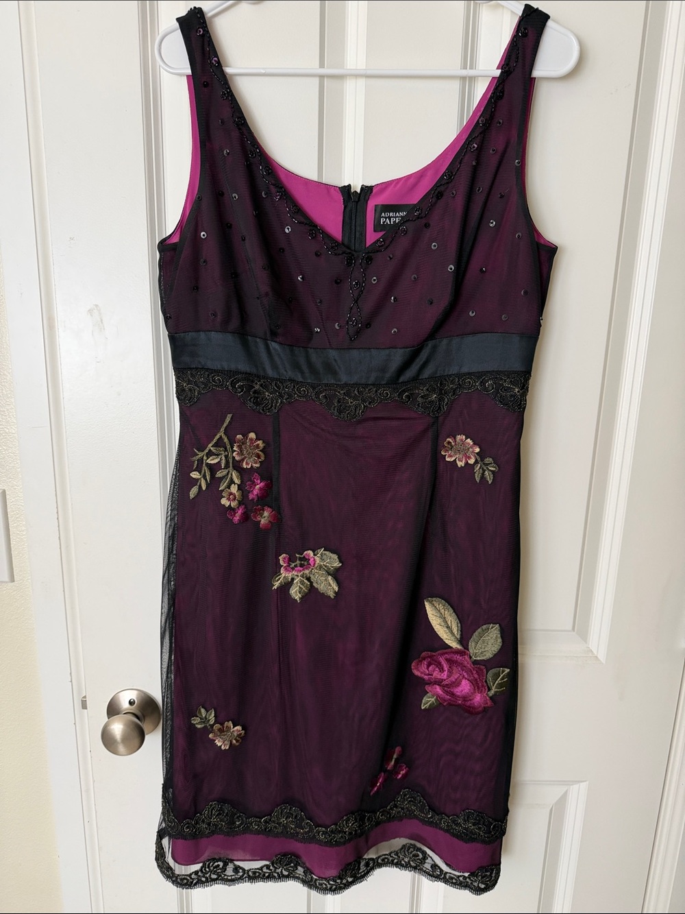 Adrianna Papell Plum Embroidered Cocktail Dress with Black Lace